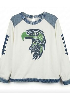Tribal-Inspired XL Seahawks logo with green and navy blue embroidery. New